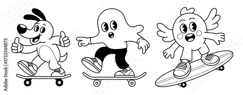 A playful illustration of cartoon characters, including a dog, a ghost, and a bird, all joyfully skating on their skateboards, radiating an atmosphere of fun and camaraderie.