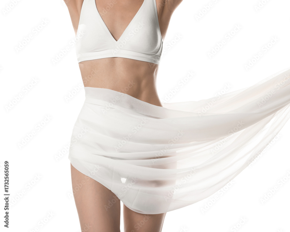 Fototapeta premium Woman covering her slim body with silk fabric on white background, closeup