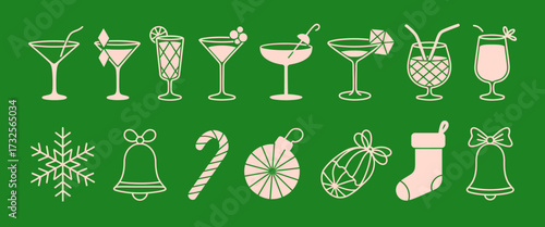 This image features a variety of cocktail illustrations adorned with festive elements, set against a green background, encapsulating holiday cheer and celebration.