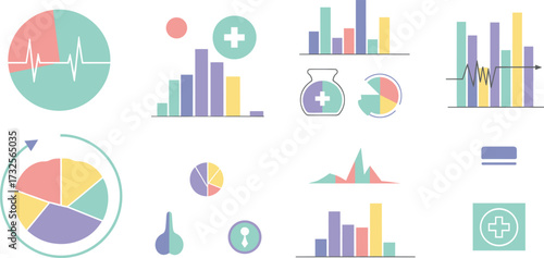 Healthcare analytics infographic, medical charts, wellness tracking, patient monitoring, diagnostics data, hospital management, pharmacy and research icons, clinical statistics, vector illustration