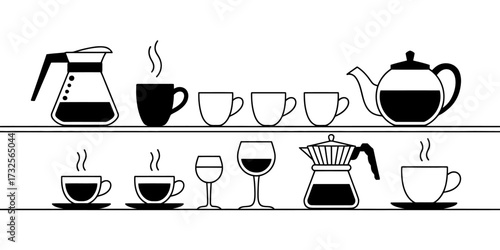 A stylish shelf display showcasing a collection of coffee and tea utensils, with cups steaming and creating an inviting moment of warmth and togetherness in daily life.