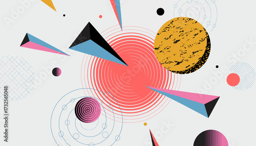 An energetic design filled with diverse geometric shapes and vibrant colors, representing dynamism, creativity, and playful artistic expression in modern aesthetics.
