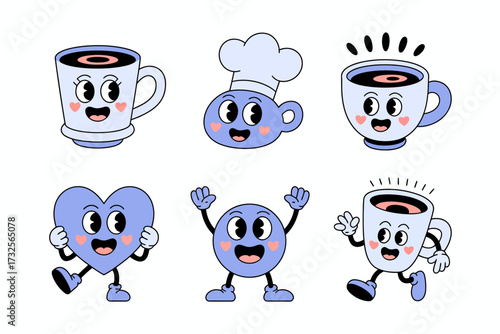 An adorable collection of cartoon characters in soft blue tones, including mugs, hearts, and chefs, each expressing joy and charm, perfect for a lighthearted theme.