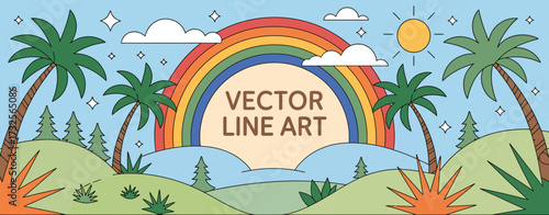 This vivid vector illustration displays a sunny landscape featuring palm trees and a rainbow, creating a serene and cheerful atmosphere.
