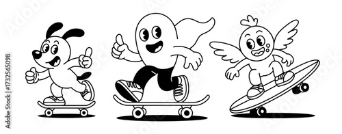An engaging black-and-white coloring page featuring adorable cartoon characters skateboarding. Perfect for kids to unleash creativity and enjoy leisurely fun with art.