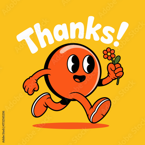 This image features a playful character joyfully running and expressing gratitude while holding a flower, symbolizing appreciation and positivity in a fun way.