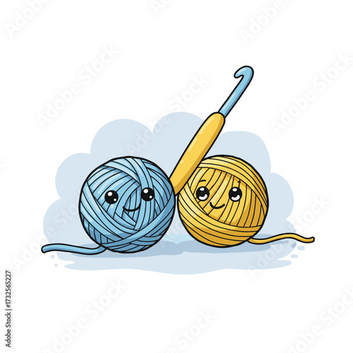 A crochet hook and skeins of yarn are shown in a cartoon doodle art style, with large eyes and eyelashes on a light blue background.