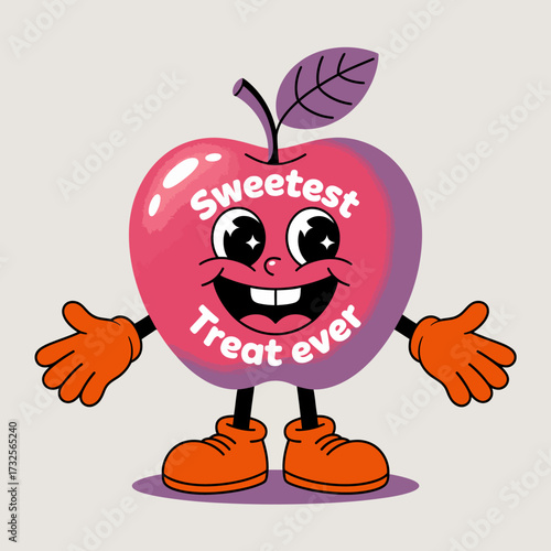 The smiling apple character proudly displays the phrase 'Sweetest Treat Ever,' showcasing vibrant colors and a fun, friendly demeanor which is inviting for all ages, especially kids.