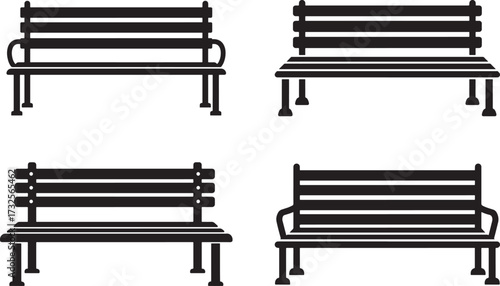 Four park benches in a silhouette style
