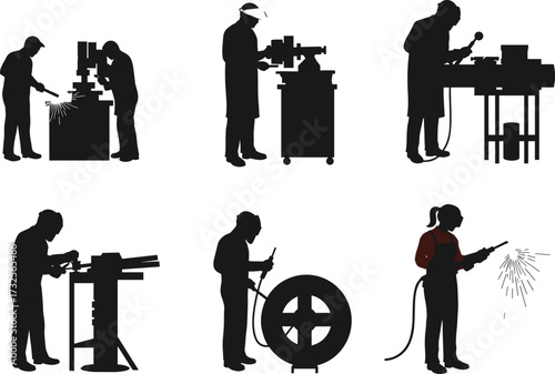 Metalworking silhouettes, lathe operation, milling machine, welding sparks, bench grinder, protective gear, industrial tools, factory workers, vector illustration, black figures, machining scene