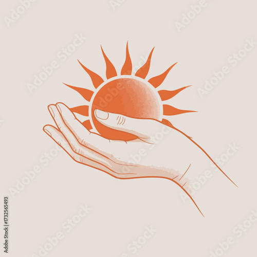 This artwork features a hand gently cradling a stylized sun, conveying feelings of warmth, hope, and nurturing, surrounded by a warm color palette and minimalistic design.