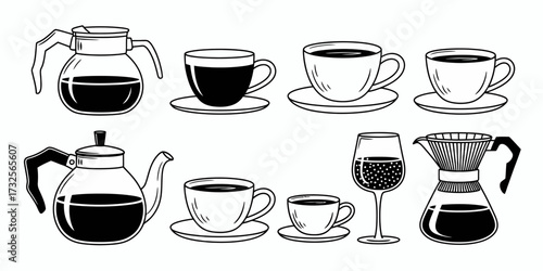 An artistic showcase of various coffee and tea utensils arranged for composition, reflecting the beauty and dynamic nature of beverage culture in a stylish way.