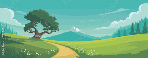 A captivating illustration of a winding trail leading through vibrant green landscapes, showcasing a majestic mountain in the distance, perfect for evoking adventure and peace.