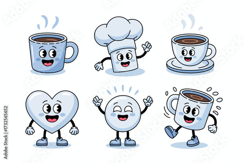 This artwork features adorable cartoon coffee mugs and a chef, expressing various emotions and interactions that convey cuteness and warmth in a colorful style.