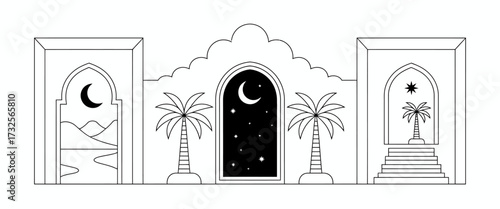 This image captures a beautifully designed Islamic arch amidst palm trees and stars, enhancing the night landscape with a dreamy and cultural touch.