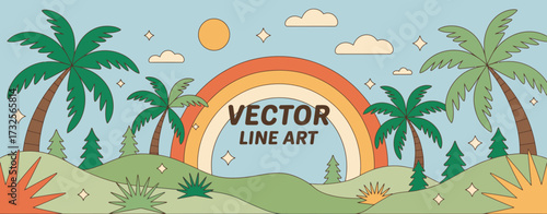 This charming vector landscape features palm trees beneath a radiant rainbow, creating a picturesque setting that uplifts moods and celebrates nature.