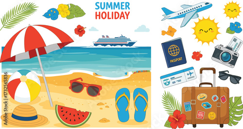 Summer holiday travel icons, tropical beach vacation, suitcase passport flight cruise elements, vector illustration