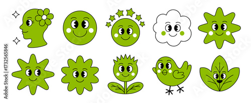A vibrant collection of green icons featuring smiling faces, plants, and cheerful designs that evoke feelings of joy, nature, and a friendly atmosphere.