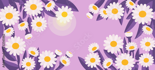 A delightful arrangement of daisies on a soft purple background creates a soothing ambiance, perfect for evoking feelings of peace and happiness in designs.