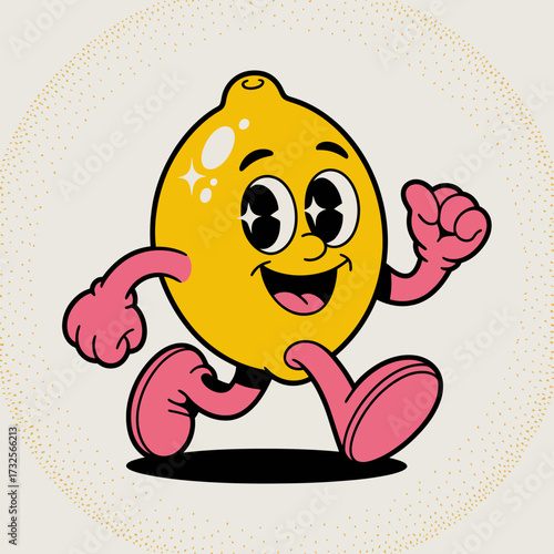 This delightful artwork showcases an animated lemon character joyfully running, illustrating happiness with its bright colors and charming design.
