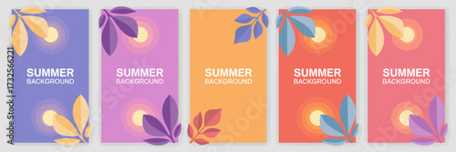 Dynamic summer backgrounds depict stylized leaf elements in warm shades that create an inviting and cheerful atmosphere suitable for various creative projects and designs.