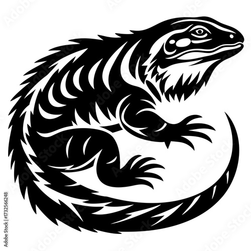 Stylized Black and White Lizard Illustration with Intricate Patterns and Tribal Art