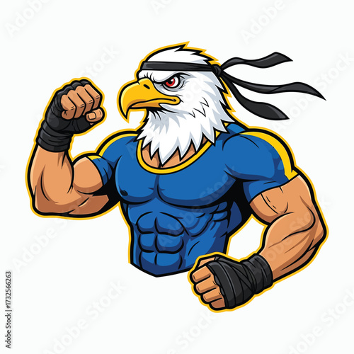 Muscular eagle warrior flexing biceps with determined expression