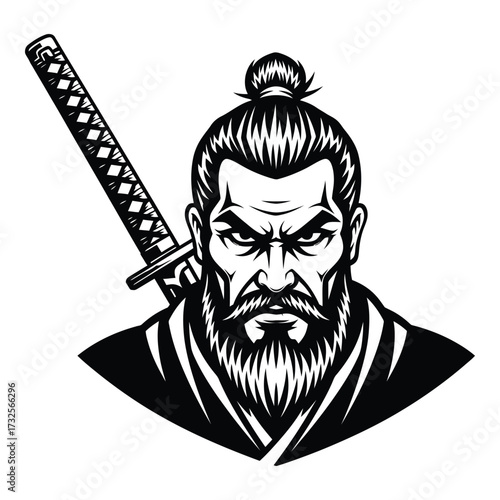 Fierce samurai warrior with sword icon silhouette majestic bushido warrior portrait graphic design element silhouette