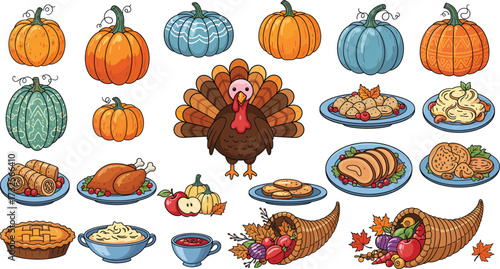 Thanksgiving icons set, turkey, pumpkins, cornucopia, autumn harvest food, holiday dinner meal, seasonal festive elements collection, vector illustration