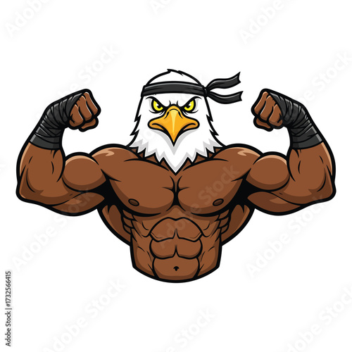 Muscular eagle warrior flexing biceps with determined expression