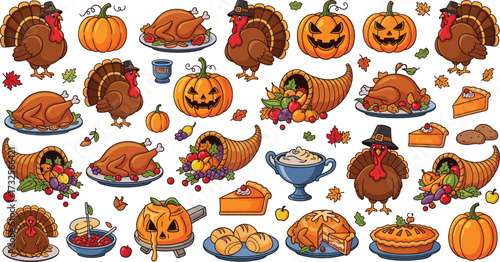 Thanksgiving icons set, roasted turkey, pumpkin pie, harvest cornucopia, autumn leaves, holiday feast food collection, seasonal design vector illustration