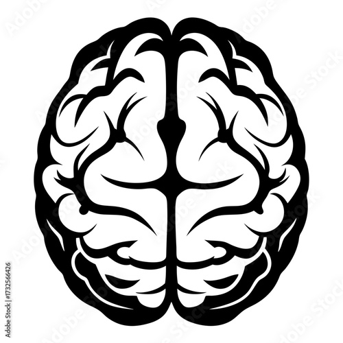 Black and white graphic illustration of a stylized human brain from above