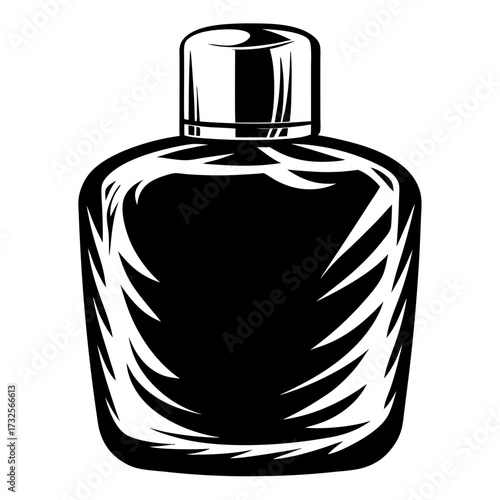 Monochrome image of a stylized perfume bottle with reflective metal cap