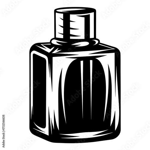 Stylized black and white illustration of a perfume bottle with bold outlines