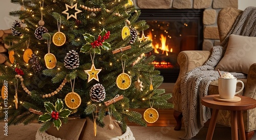 Decorated Christmas tree with natural ornaments and a fireplace