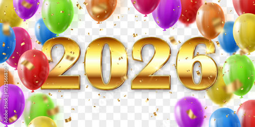 Vector festive 2026 New Year confetti and flying balloons png. Golden bright confetti falls. Vector celebration background with confetti and 3d helium balloons. Isolated on transparent background.