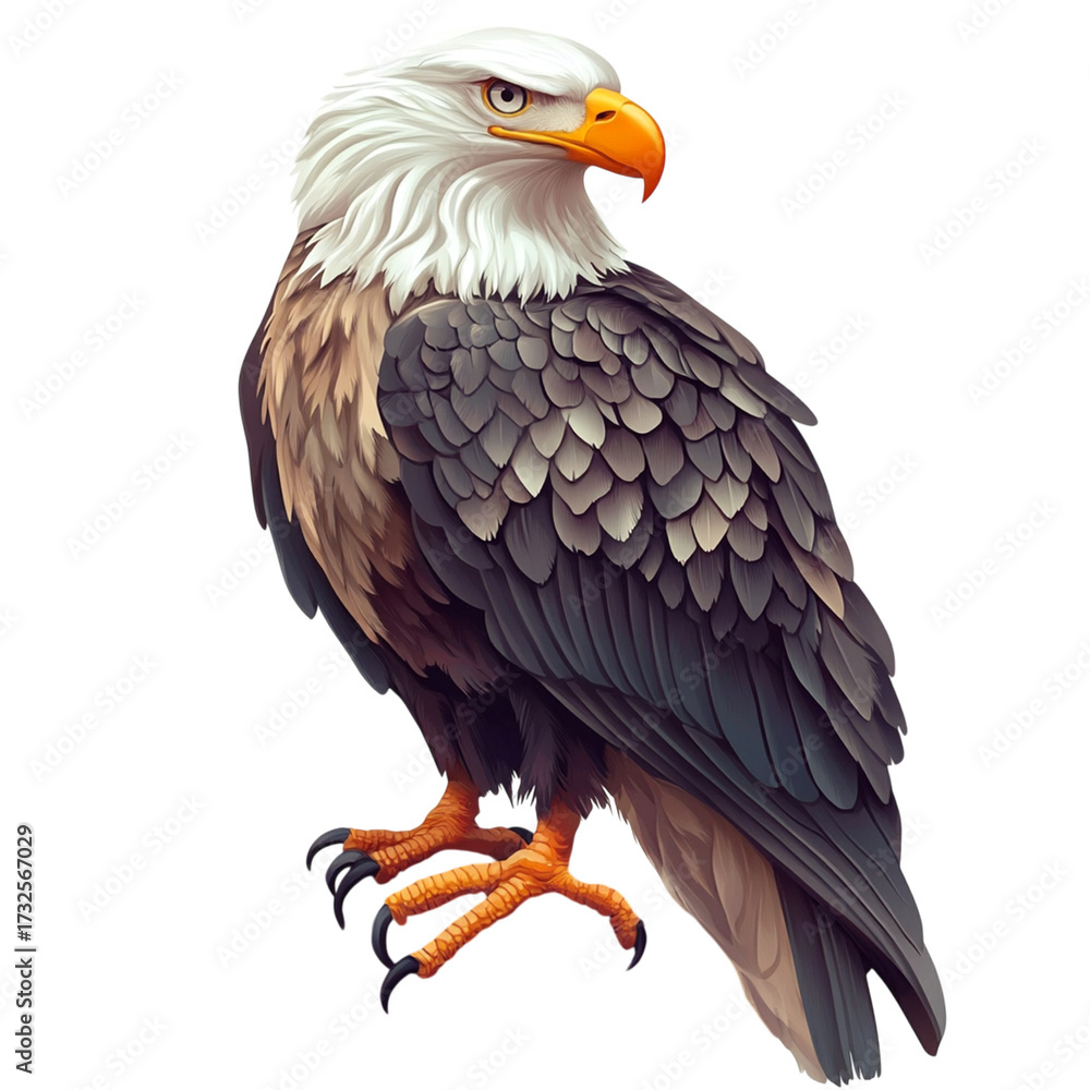 Obraz premium Majestic bald eagle perched against a stark black background.
