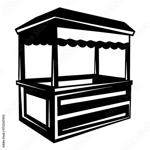 Black and white illustration of a vintage style market stall or kiosk