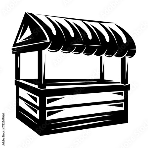 Monochrome illustration of a wooden market stand with a striped awning roof