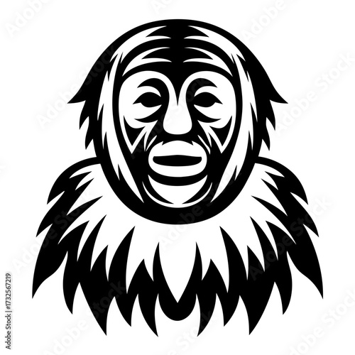 Monochrome tribal mask representation in a stylized and abstract design element