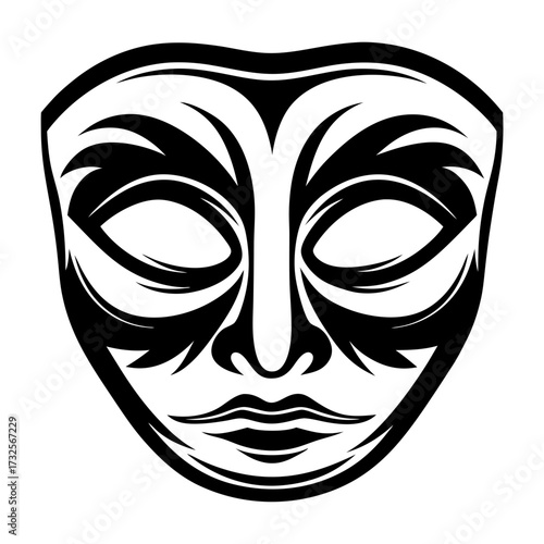 Abstract black and white mask with bold graphic shapes of a face