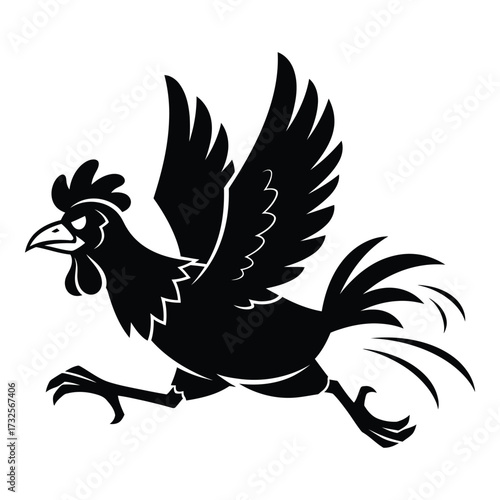Dynamic black silhouette of a rooster in flight capturing barnyard energy and motion silhouette