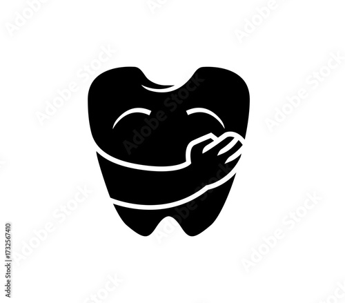 Joyful tooth embracing itself, symbolizing self-care and dental health positivity with a warm, friendly embrace