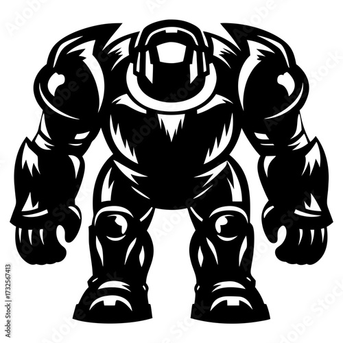 Monochrome Illustration of a Powerful Cyborg Warrior with Exaggerated Armor and Silhouette