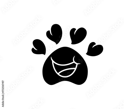 Joyful paw print with a wide smile and heart-shaped toes, radiating happiness and love for pets and animals