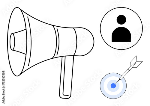 Megaphone beside user profile and target icons symbolizing messaging, audience focus, marketing, and strategic goals. Ideal for communication, leadership, branding, advertising, strategy user
