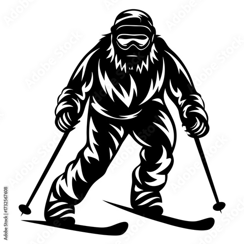 Monochrome Vector Illustration of a Skier Preparing to Ski Down a Mountain