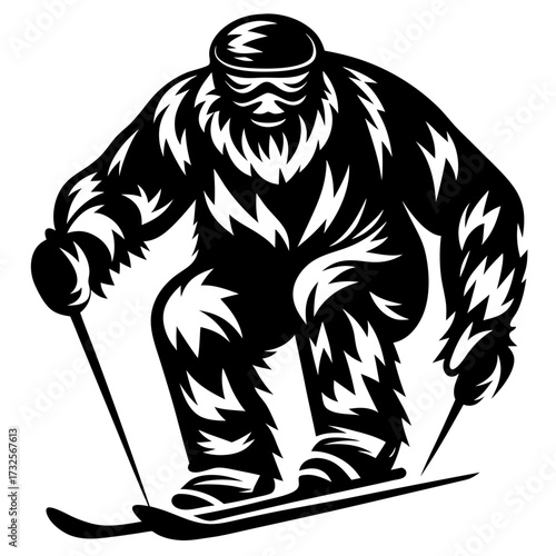 Monochrome Bigfoot Skiing Downhill Artwork Showing Winter Sports and Legendary Creatures