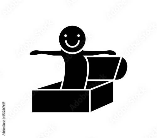 Joyful person emerging from an open gift box, spreading arms wide in a gesture of surprise and delight, perfect for celebrations