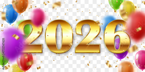 Vector festive 2026 New Year confetti and flying balloons png. Golden bright confetti falls. Vector celebration background with confetti and 3d helium balloons. Isolated on transparent background.